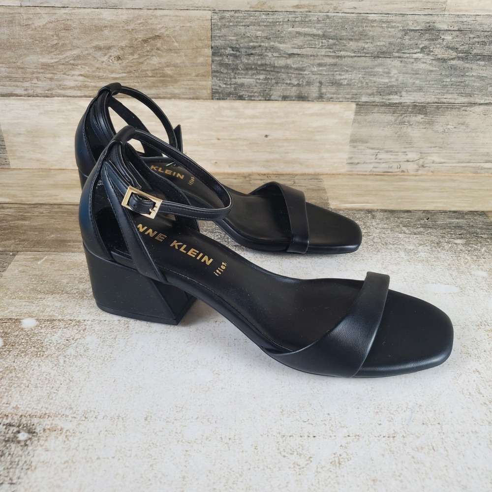 Anne Klein Mia Womens Ankle Strap Sandals Sz 9 Smooth Black Block Heel Classic